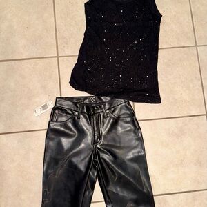 Black Sequin Top and vinyl/Leather Pants Set XOXO stretch (M top)